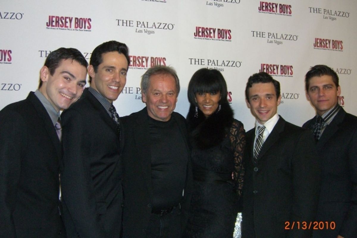  David Demato (Bob Gaudio), Jeff Leibow (Nick Massi), Wolfgang Puck and his wife Gelila Assefa, Rick Faugno (Frankie Valli), Deven May (Tommy DeVito) at 