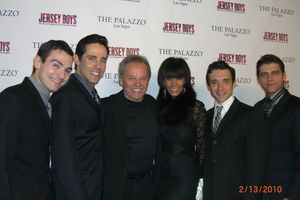 David Demato (Bob Gaudio), Jeff Leibow (Nick Massi), Wolfgang Puck and his wife Gelila Assefa, Rick Faugno (Frankie Valli), Deven May (Tommy DeVito) @ BroadwayWorld David Demato (Bob Gaudio), Jeff Leibow (Nick Massi), Wolfgang Puck and his wife Geli Photo