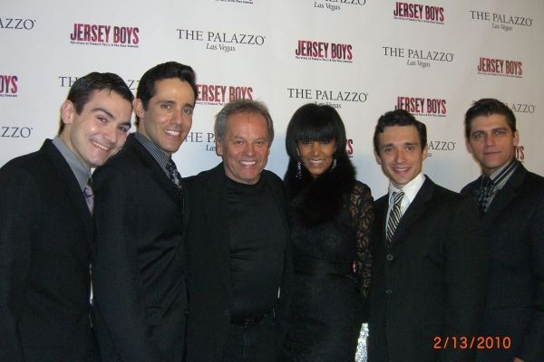  David Demato (Bob Gaudio), Jeff Leibow (Nick Massi), Wolfgang Puck and his wife Geli Photo