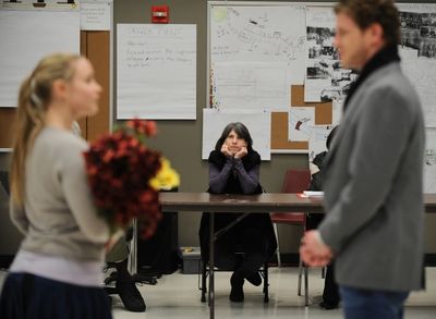 Rebecca Gilman (center) watches as (l to r) Heather Wood (Fanny) and Lucas Hall 
 Photo