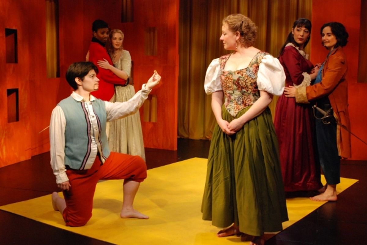 Amy Driesler as Lissardo (kneeling), Maryam Benganga as Colonel Britton, Valerie Redd as Isabella, Annie Paul as Flora, Abbi Hawk as Violante and Virginia Baeta as Don Felix at 