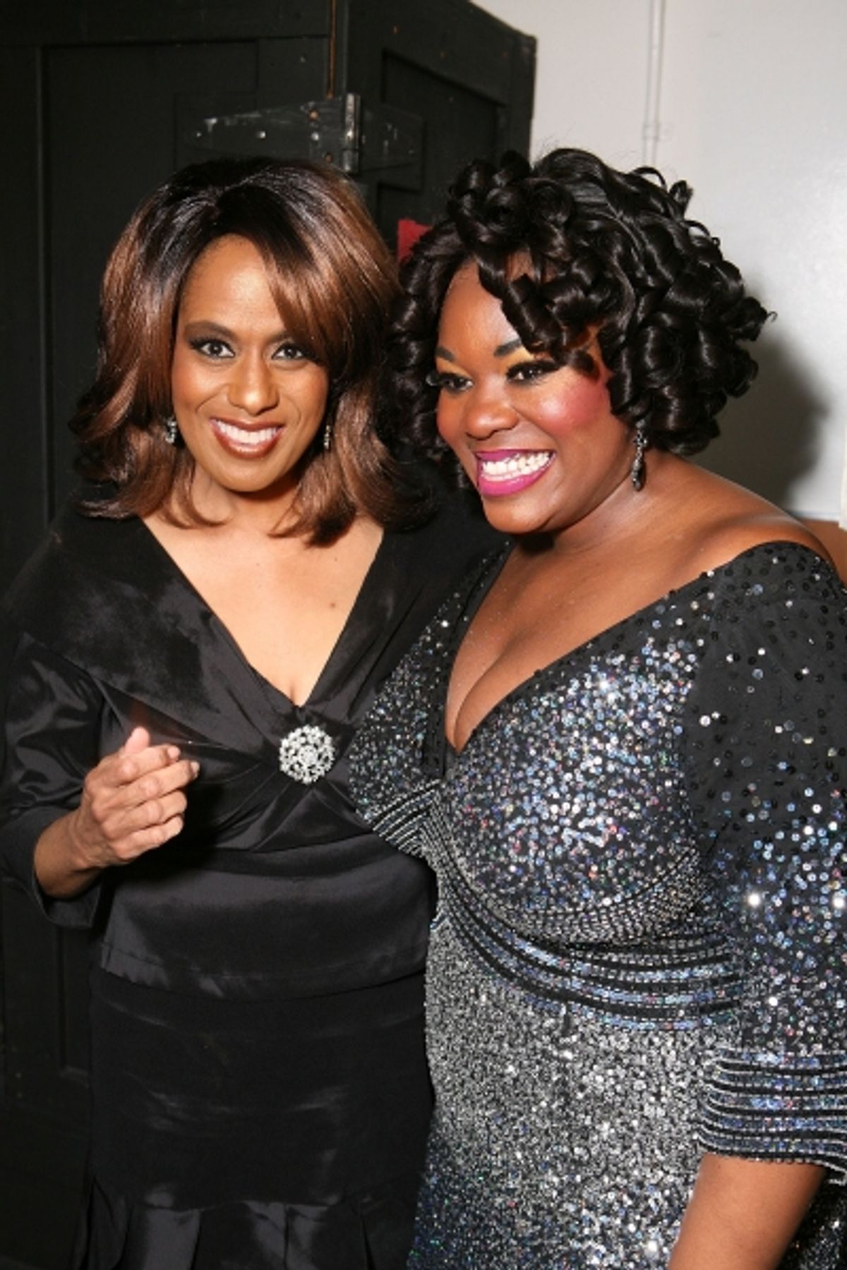 Original Dreamgirl Jennifer Holliday (L) poses with current Dreamgirl counterpart Moya Angela at 