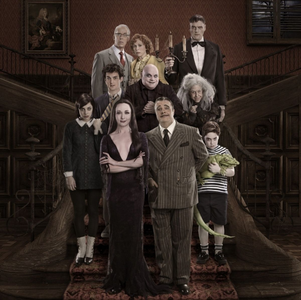 The Addam's Family: (From Top L) Terrence Mann, Carolee Carmello, Kevin Chamberlin, Wesley Taylor, Zachary James, Jackie Hoffman, Krysta Rodriguez, Bebe Neuwirth, Nathan Lane, and Adam Riegler at 