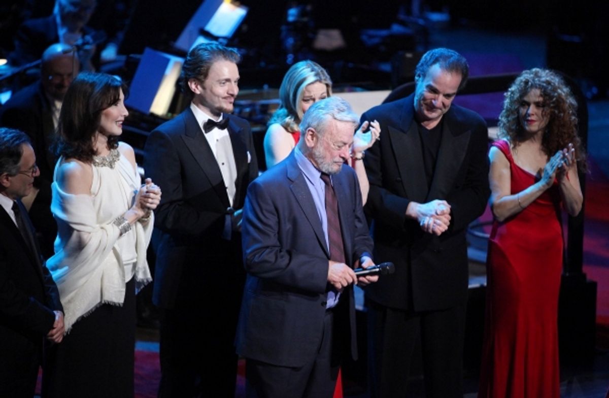 Chip Zien, Joanna Gleason, Jason Danieley, Marin Mazzie, Mandy Patinkin, Bernadette Peters with Stephen Sondheim at 