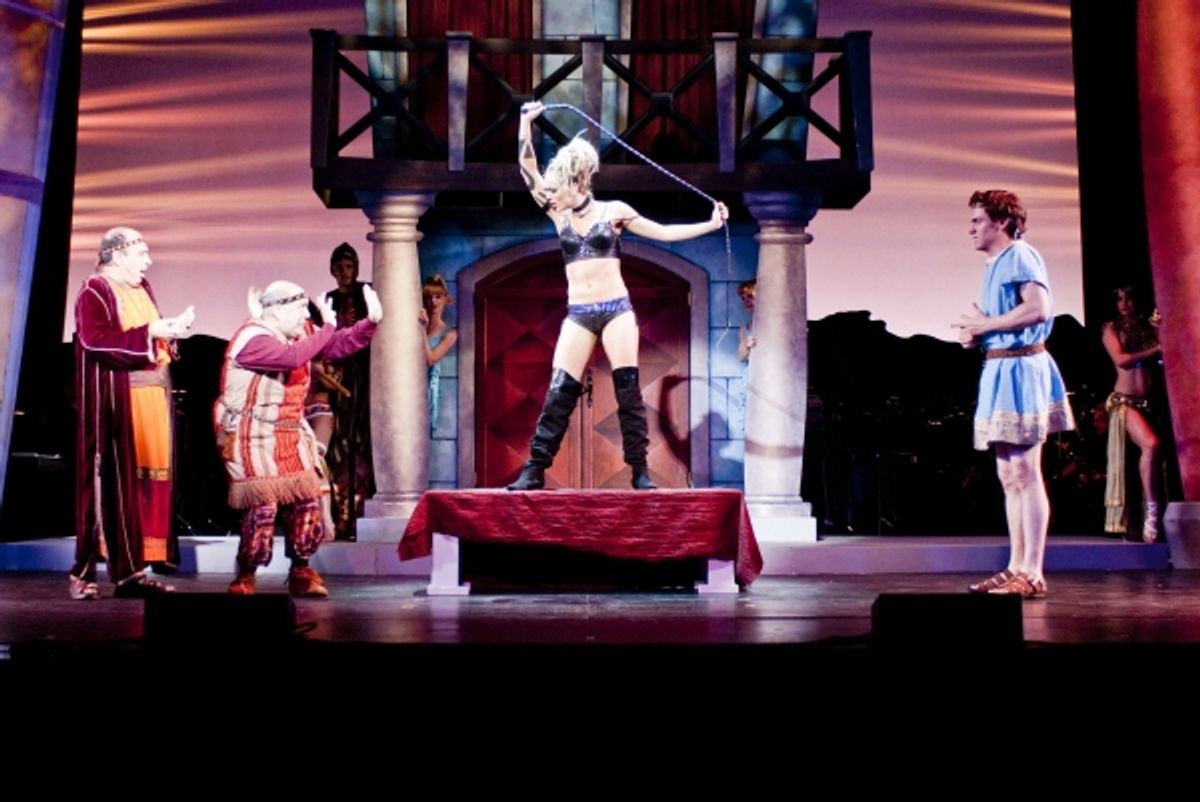 Michael Kostroff (Marcus Lycus) Lee Wilkof (Pseudolus) Tonya Kay (Vibrata) and and Erich Bergen (Hero)  at 