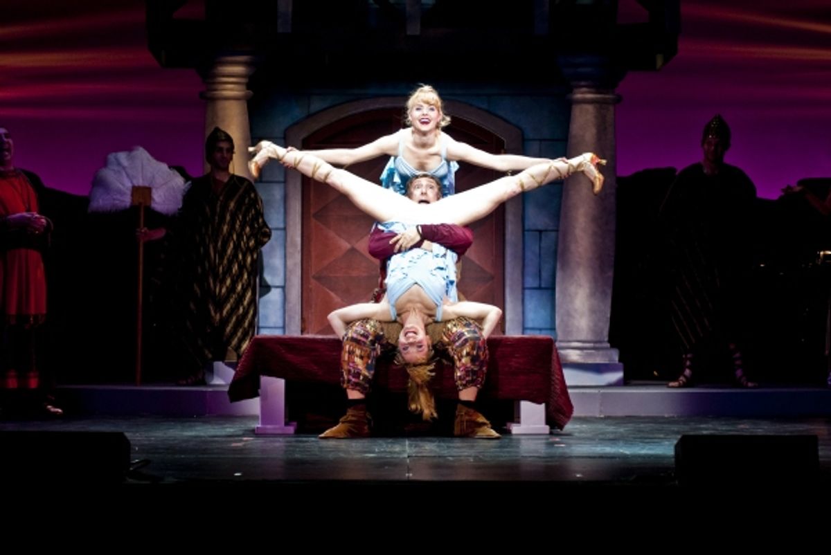 Top to bottom: Bradley Benjamin (Geminae)  Lee Wilkof (Pseudolus) and Candy Olsen (Geminae) at 