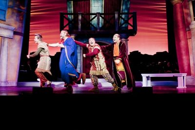  Larry Raben (Hysterium),Ron Orbach (Senex),Lee Wilkof (Pseudolus) and Michael Kostro Photo