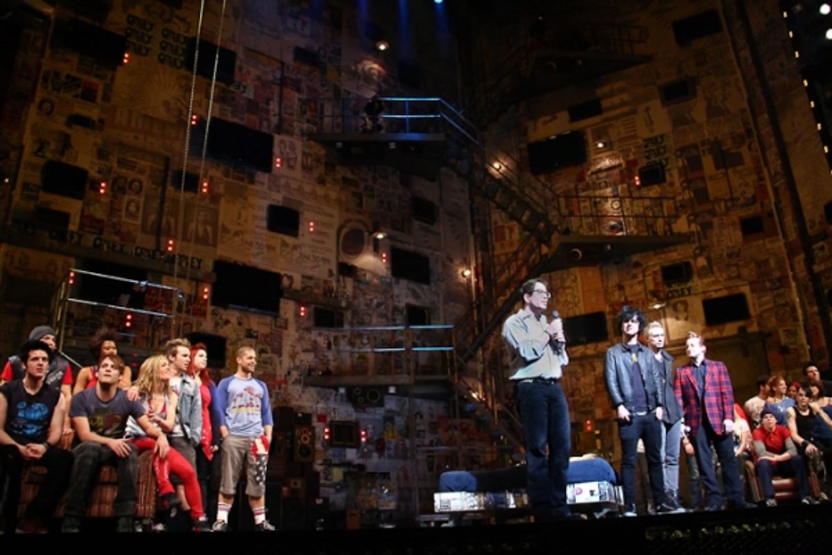 Michael Mayer, Billie Joe Armstrong, Mike Dirnt, Tre Cool and AMERICAN IDIOT Cast at 