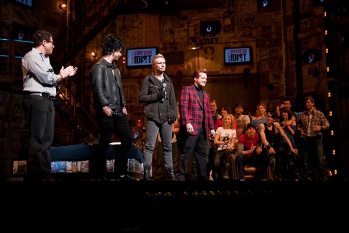 Michael Mayer, Billie Joe Armstrong, Mike Dirnt, Tre Cool and AMERICAN IDIOT Cast at 
