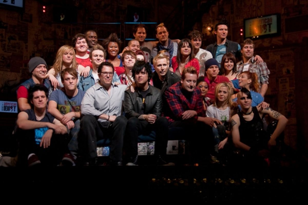 Michael Mayer, Billie Joe Armstrong, Mike Dirnt, Tre Cool and AMERICAN IDIOT Cast at 