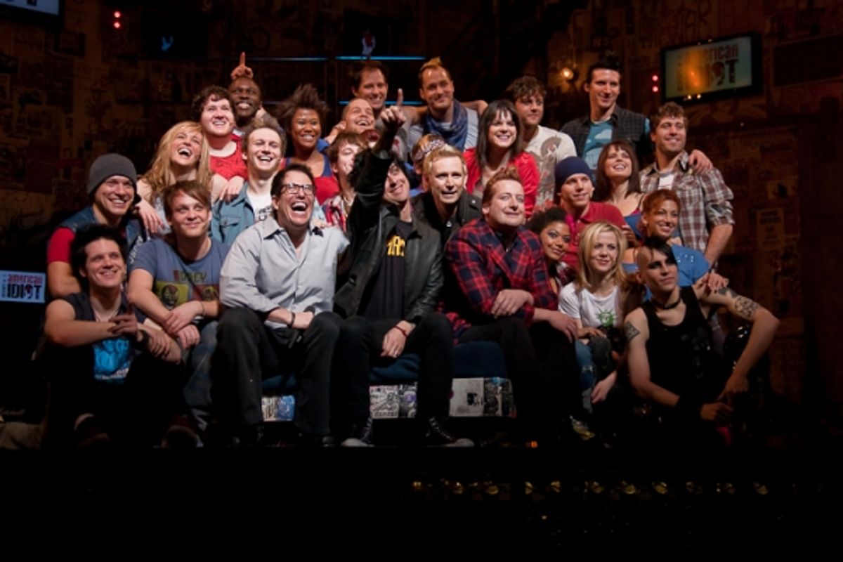 Michael Mayer, Billie Joe Armstrong, Mike Dirnt, Tre Cool and AMERICAN IDIOT Cast at 