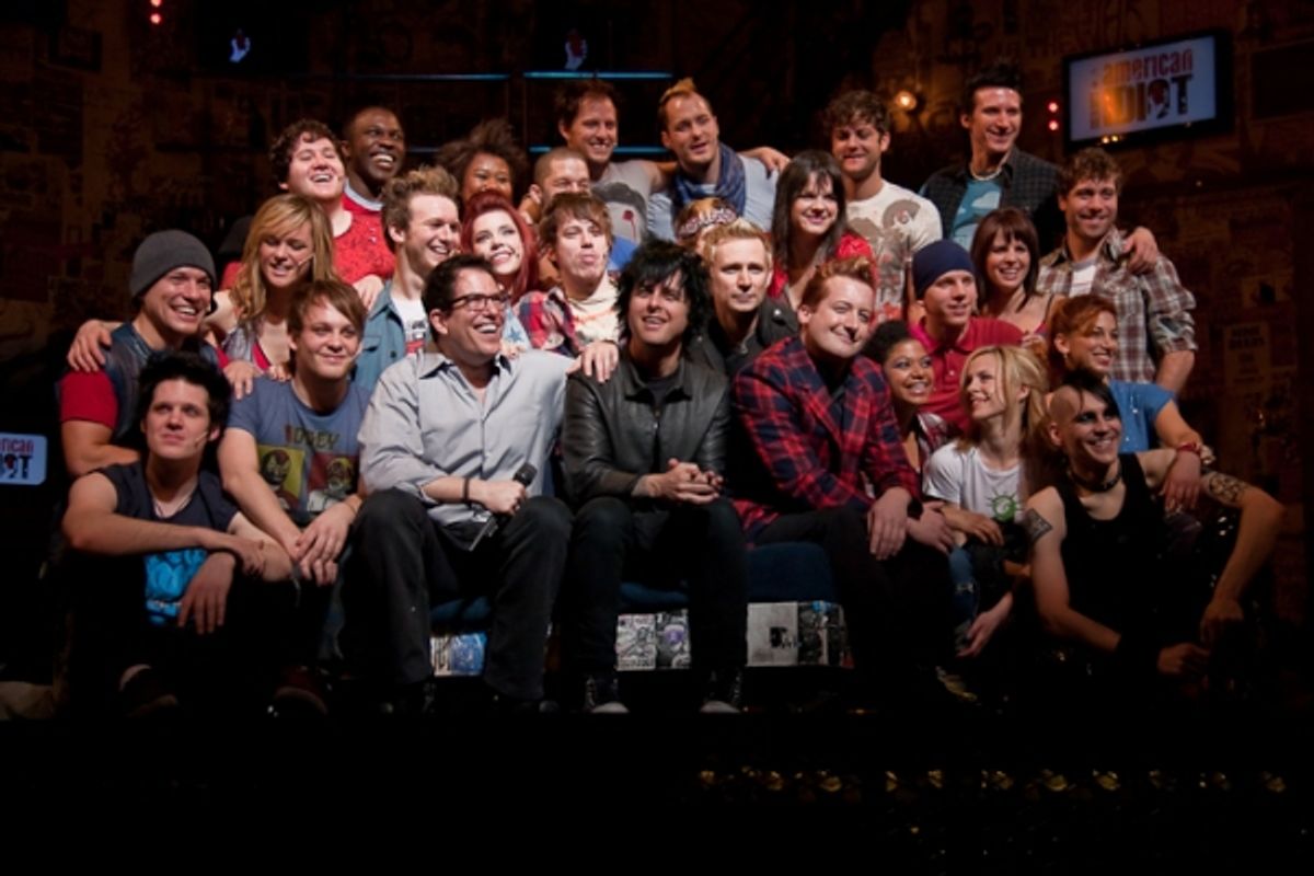 Michael Mayer, Billie Joe Armstrong, Mike Dirnt, Tre Cool and AMERICAN IDIOT Cast at 