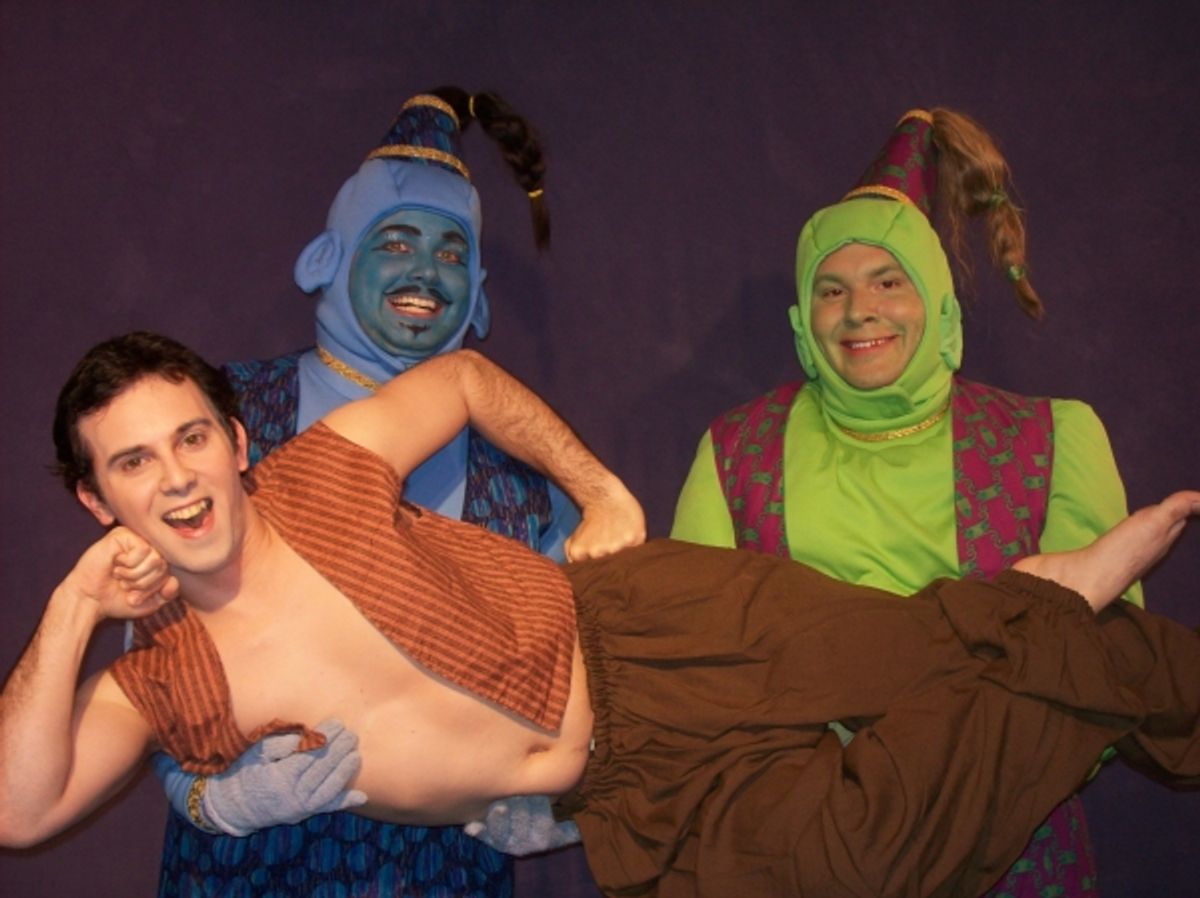 Gary Bernard DiNardo as Aladdin, Jordan Stocksdale as the Genie of the Ring, and Jeremy Trammelle as the Genie of the Lamp at 