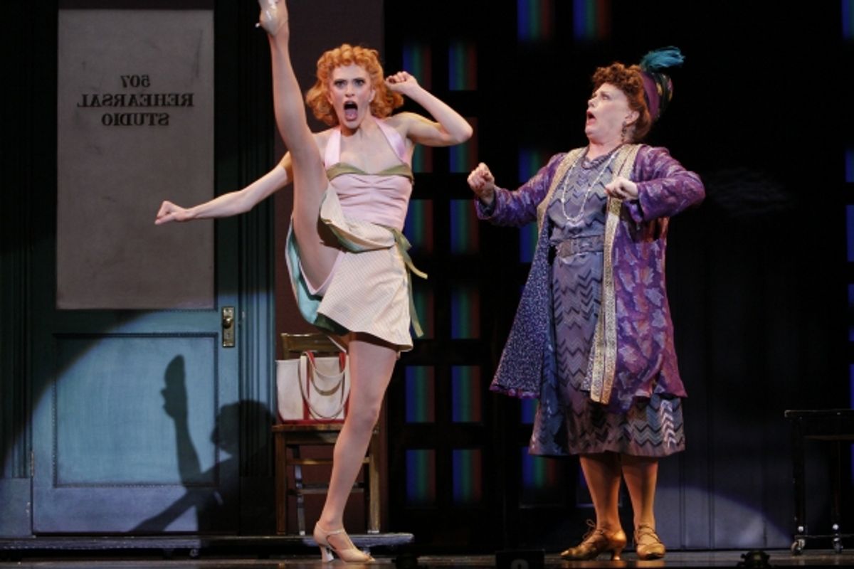 Ivy (Courtney Iventosch, left) has problems retaining her decorum around her vocal teacher Madame Dilly (Suzy Hunt, right) when the subject of sex comes up at 