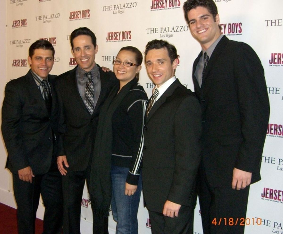 Deven May (Tommy DeVito), Jeff Leibow (Nick Massi), Lea Salonga, Rick Faugno (Frankie Valli) and Peter Saide (Bob Gaudio) at 