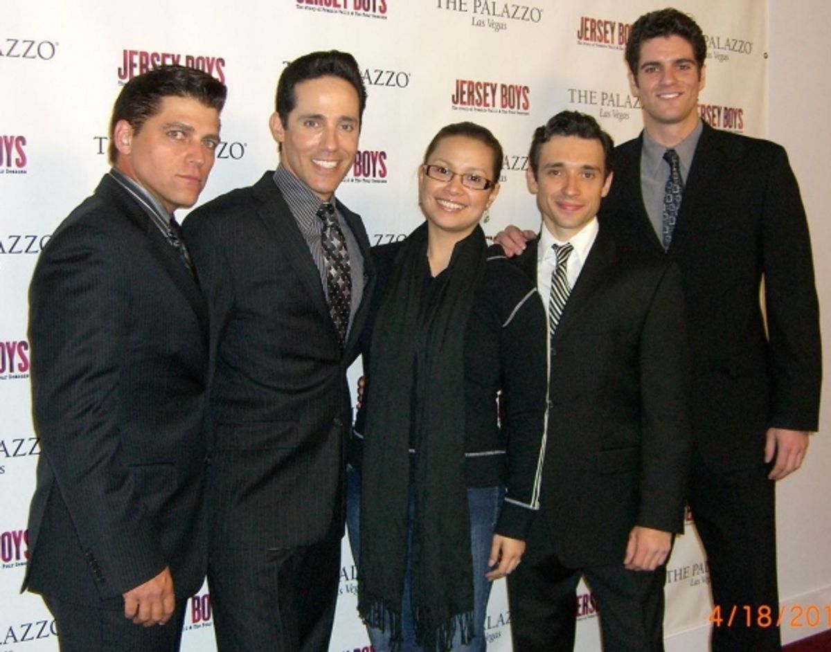 Deven May (Tommy DeVito), Jeff Leibow (Nick Massi), Lea Salonga, Rick Faugno (Frankie Valli) and Peter Saide (Bob Gaudio) at 