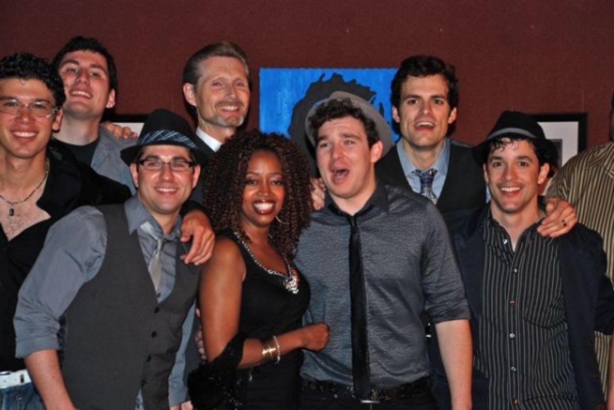 Cast members (left to right) Manuel Romero, Jack Bartlett, Darrin Glesser, Bill Lewis, Jennifer Leigh Warren, Matt Wolpe, Brandon Albright, Omar D. Brancato at 