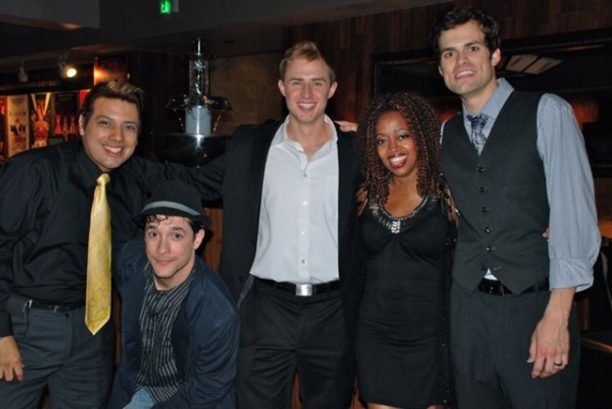 House Manager Devis Andrade with Cast members Omar D. Brancato, Cody Wood, Jennifer Leigh Warren and Brandon Albright at 