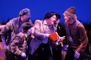 Lynn Robert Berg as Snout, actor Erin Childs as Snug, actor Dudley Swetland as Quince, actor Mitch McCarrell as Starveling, and actor David Anthony Smith @ BroadwayWorld Lynn Robert Berg as Snout, actor Erin Childs as Snug, actor Dudley Swetland as Quince Photo