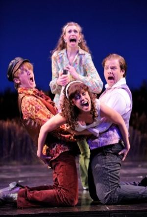 Lina Chambers as Helena; center bottom, actor Gisela Chipe as Hermia; left, actor Kevin Crouch as Lysander; right, actor Dane Agostinis @ BroadwayWorld Lina Chambers as Helena; center bottom, actor Gisela Chipe as Hermia; left, actor Kev Photo