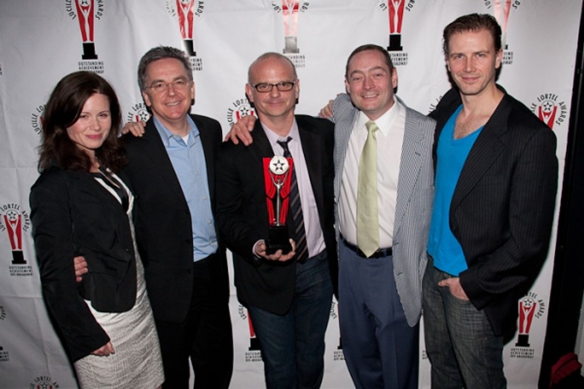 The cast of the Orphans' Home Cycle with director Michael Wilson at Backstage at the 2010 Lortel Awards