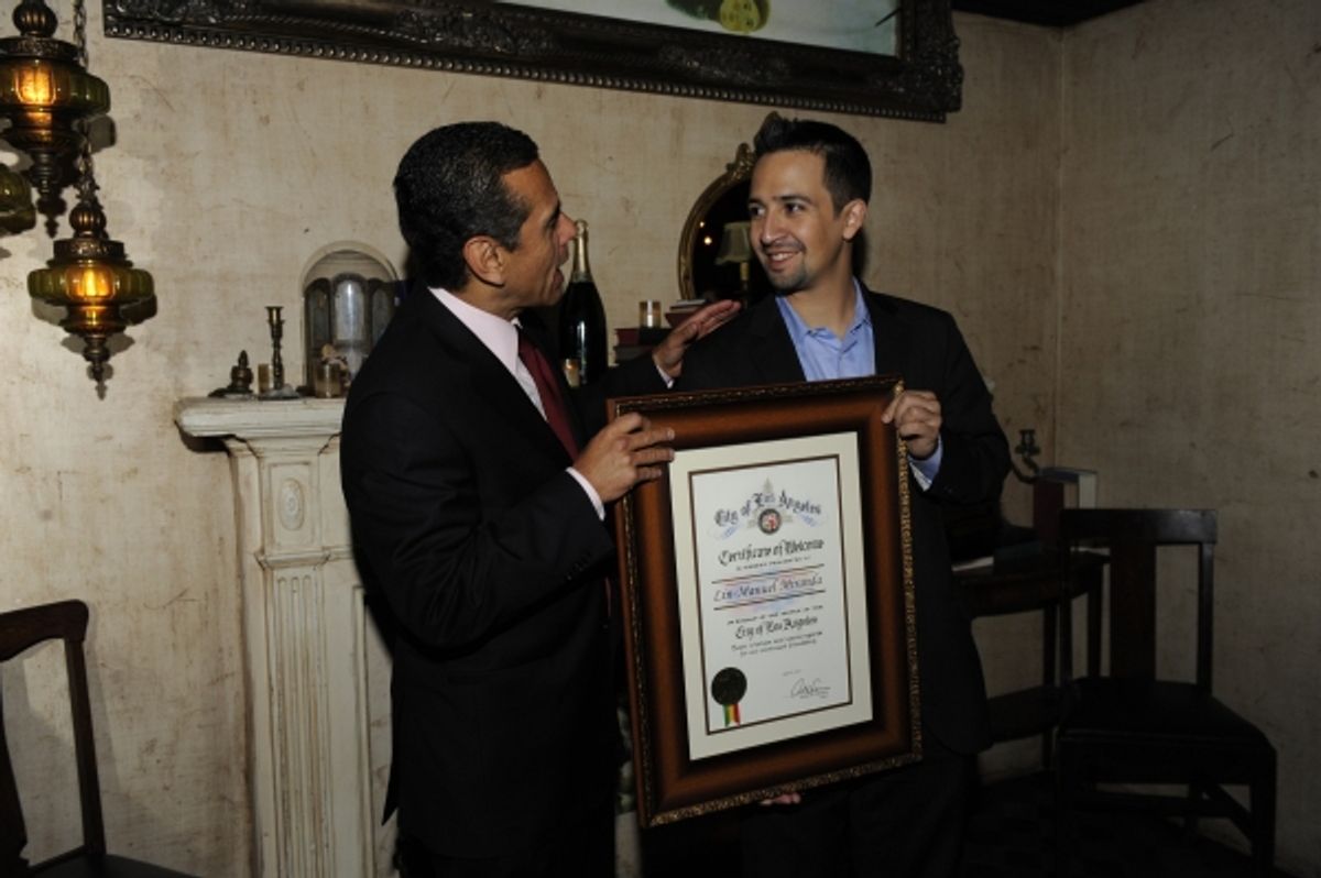 Los Angeles Mayor Antonio R. Villaraigosa Presents Lin-Manuel Miranda with a Welcome Resolution from the City of Los Angeles at 