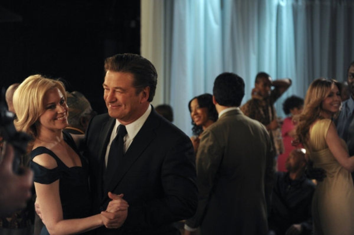 Elizabeth Banks as Avery Jessup, Alec Baldwin as Jack Donaghy at 