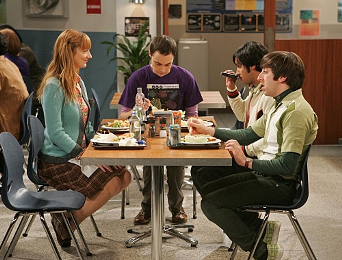 Raj (Kunal Nayyar, second from right) and Wolowitz (Simon Helberg, far right) want in on the action when Leonard and Sheldon (Jim Parsons, second from left) compete for the attention of a famous female physicist (Judy Greer, far left) at 