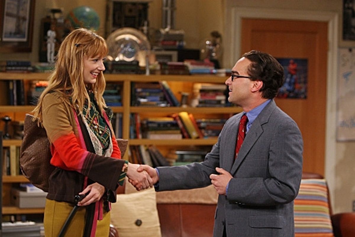 Leonard (Johnny Galecki, right) and Sheldon compete for the attention of a famous female physicist (Judy Greer, left) at 