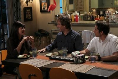 Sarah Lancaster as Ellie Bartowski, Scott Bakula as Steve Bartowski, Zach Levi as Chu Photo