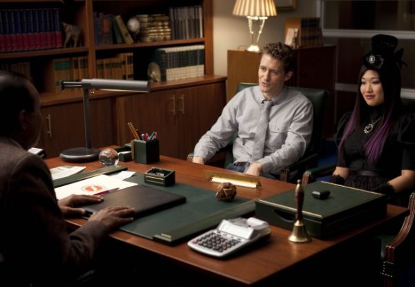 Principal Figgins (Iqbal Theba, L) calls in Tina (Jenna Ushkowitz, R) and Will (Matth Photo