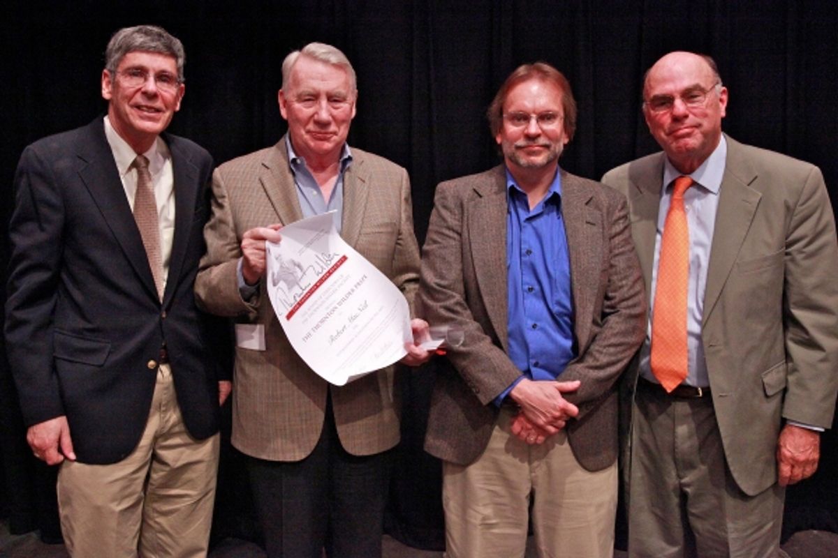 Jackson R. Bryer, President, Thornton Wilder Society;  honoree Robert MacNeil;  Lincoln Konkle, Executive Director, Thornton Wilder Society;  Tappan Wilder at 