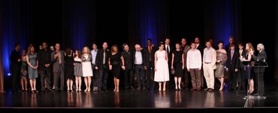 Edward Albee with Hallie Foote an the ensemble from THE ORPHAN'S HOME CYCLE
 Photo