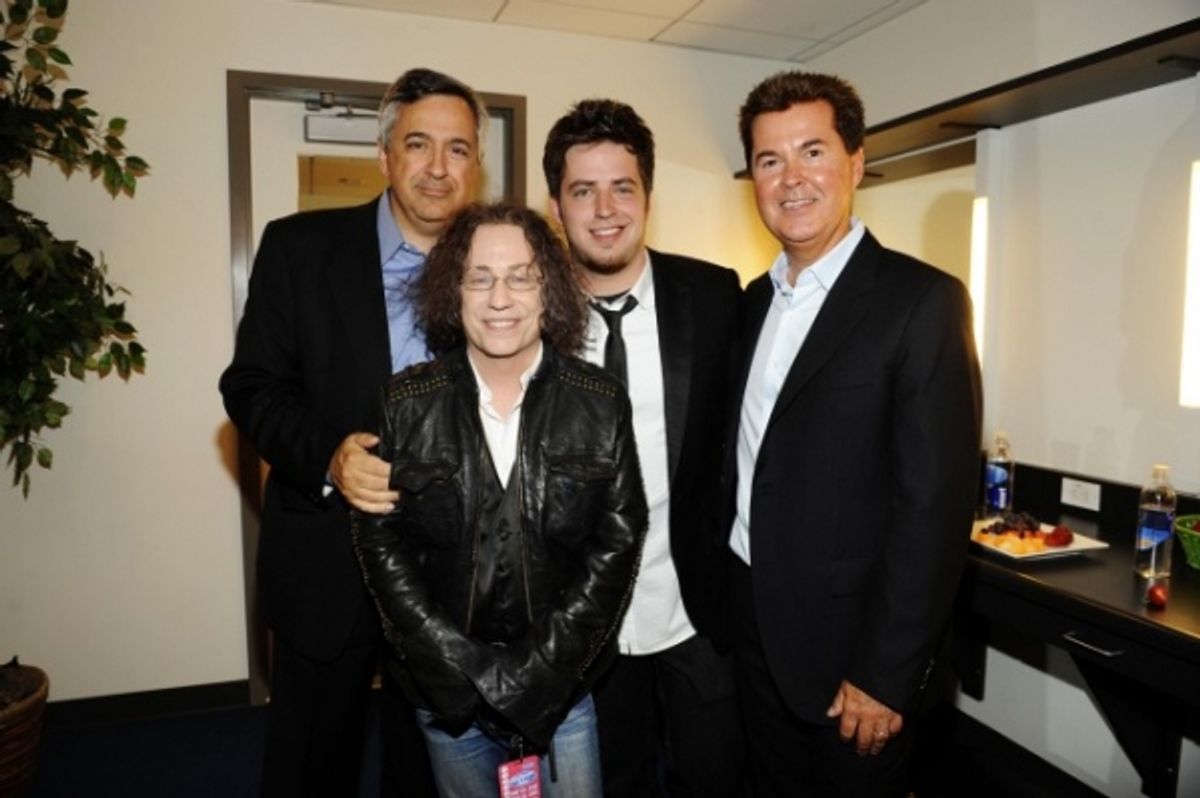 Tony Vinciquerra Chairman and CEO Fox Networks Group, Mike Darnell President Altrernative Programming Fox Broadcasting, the American Idol season nine winner Lee DeWyze and creator and executive producer Simon Fuller  at 