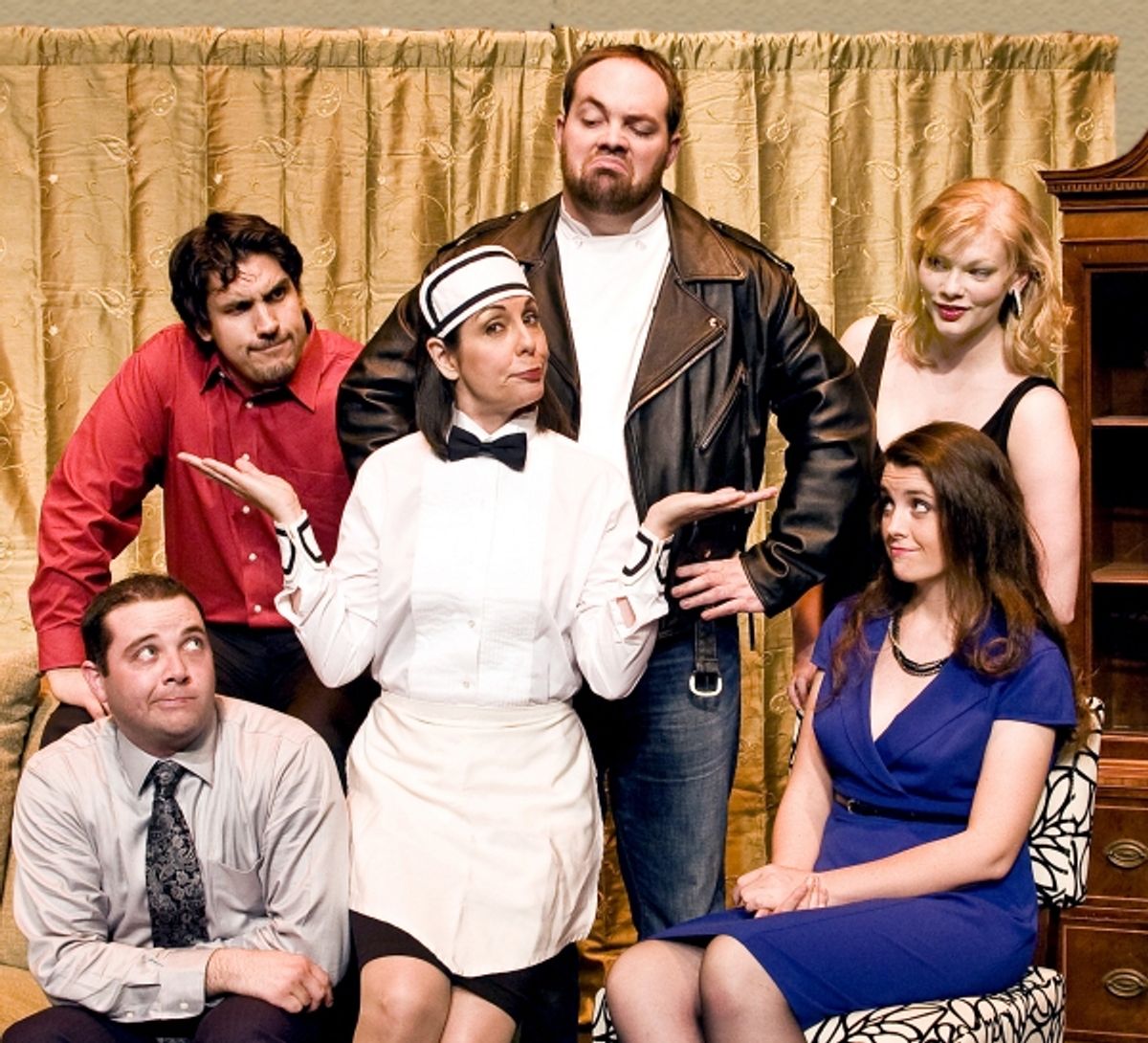 Paul Valleau (sitting) as Robert, Josh Visnapuu as Bernard, Karen Schaeffer as Suzette, Micheal Davenport as George, Megan Schettler-Schug (standing) as Suzanne, and Lindsay Fox at 