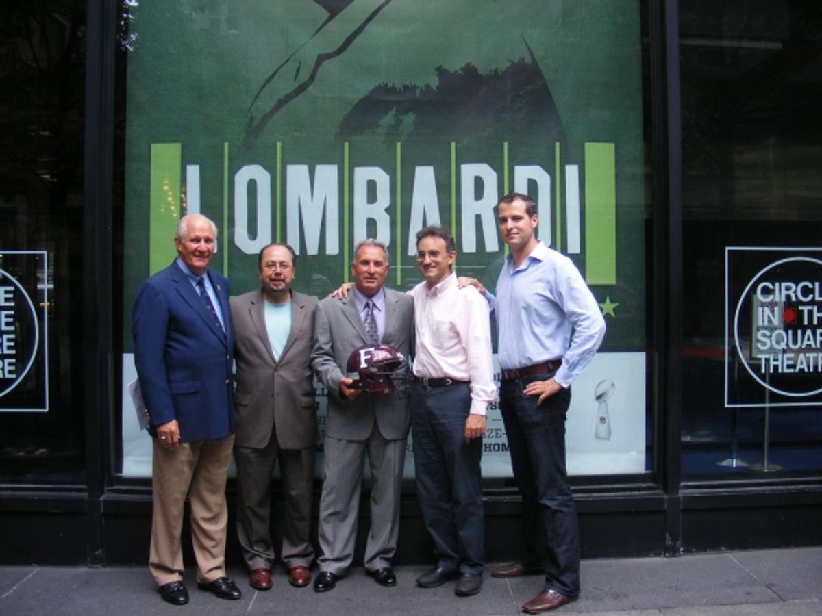 Frank McLaughlin, Fordham Director of Athletics (Fordham '71); John Cirillo , Fordham PR ('74); Tom Masella, Head Fordham Football Coach; Joe Favorito, LOMBARDI staff (Fordham '85); and John Johnson, Fordham alum and LOMBARDI associate producer (Fordham ' at 