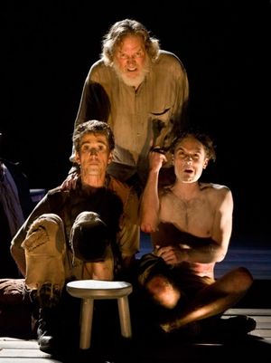 Bruce Turk as the Fool, Robert Foxworth as King Lear and Jay Whittaker Photo