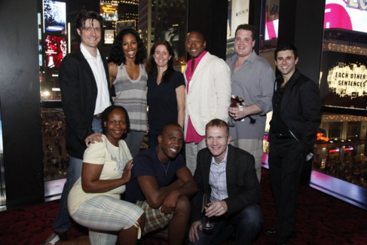 Gareth Saxe, ChaunteÃ'Â© Schuler, Julie Taymor (center), Alton Fitzgerald White, Ben Jeffrey, Fred Berman (back row). Tshidi Manye, Dashaun Young, Cameron Pow (front row) at 