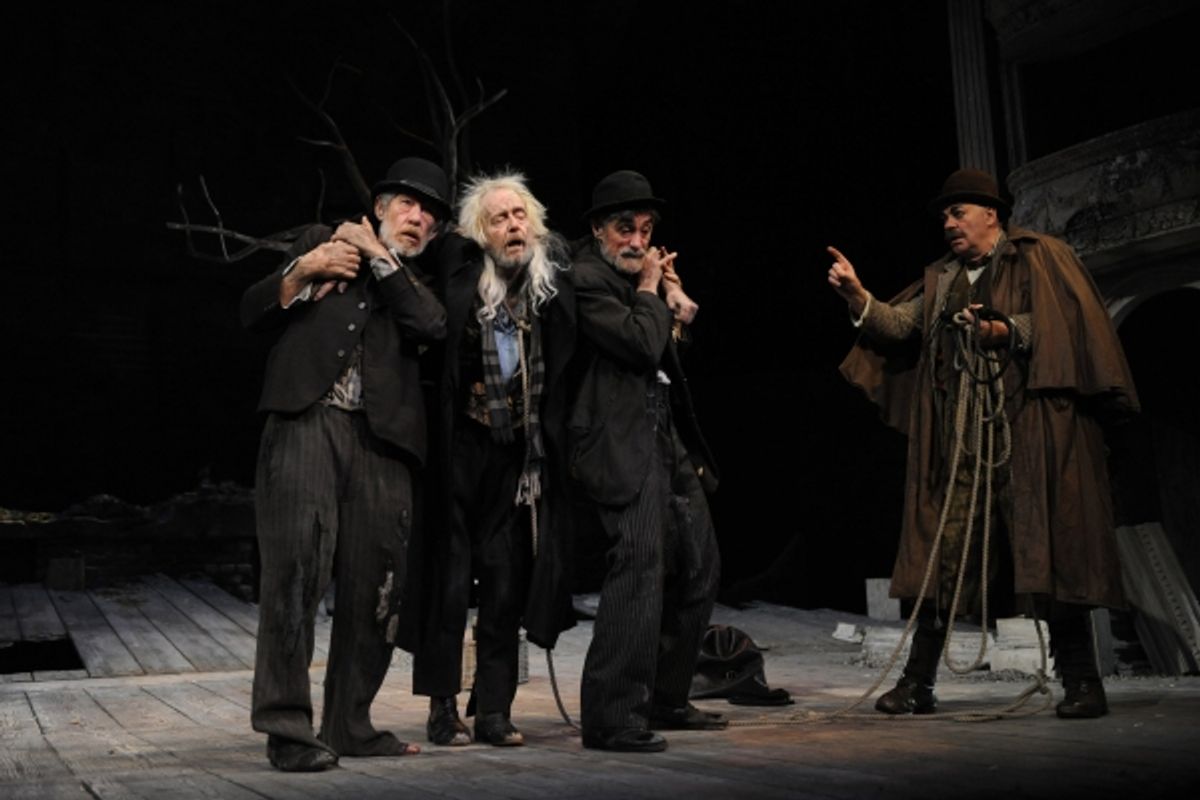 Ian McKellen (Estragon), Ronald Pickup (Lucky), Roger Rees (Vladimir) and Matthew Kelly
 at 