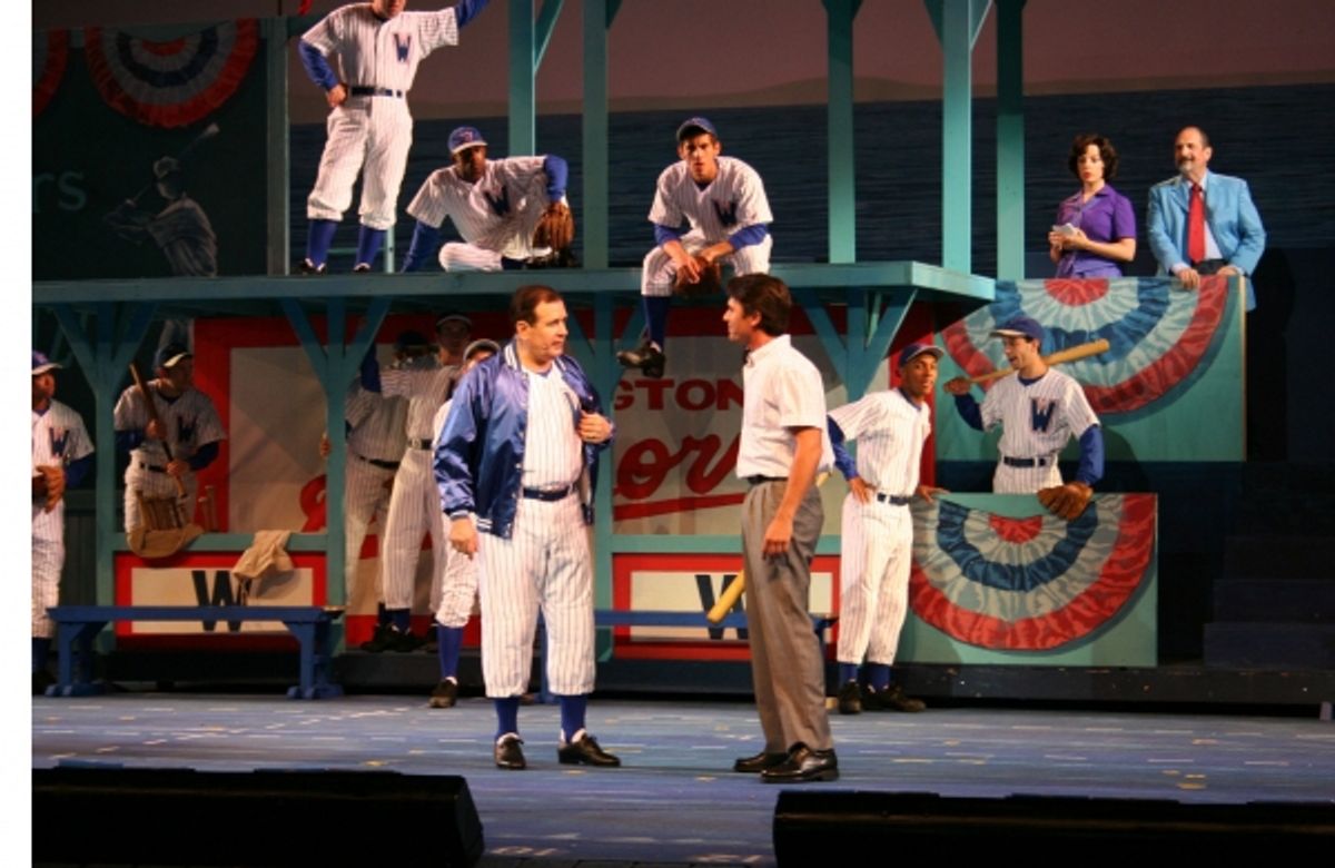 Lee Roy Reams and Lewis J. Stadlen with the Damn Yankees ensemble at 