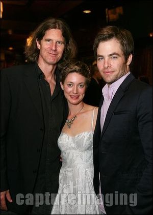 Director Wilson Milam poses with cast members Zoe Perry and Chris Pine  Photo