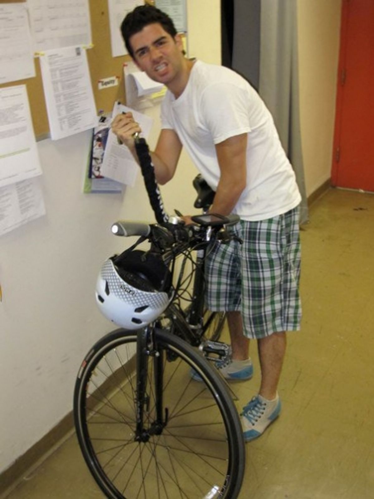 Adam Kantor backstage checking out the callboard with his magical ride at 