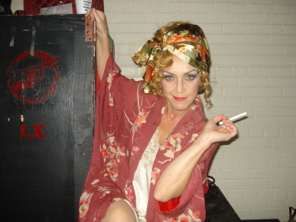 Now in costume, Andrea McArdle ('Miss Hannigan') is ready to torment all of the little girls at 