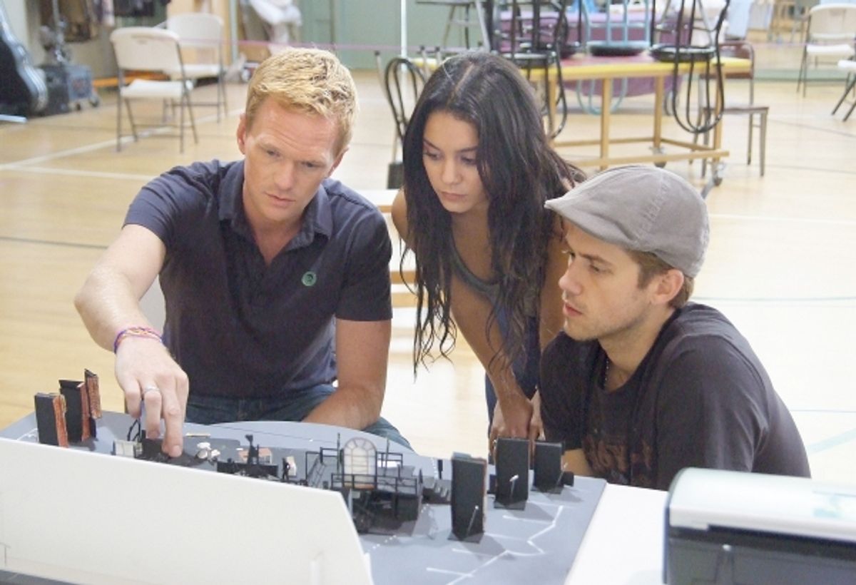 Director Neil Patrick Harris with Vanessa Hudgens as Mimi and Aaron Tveit as Roger at 