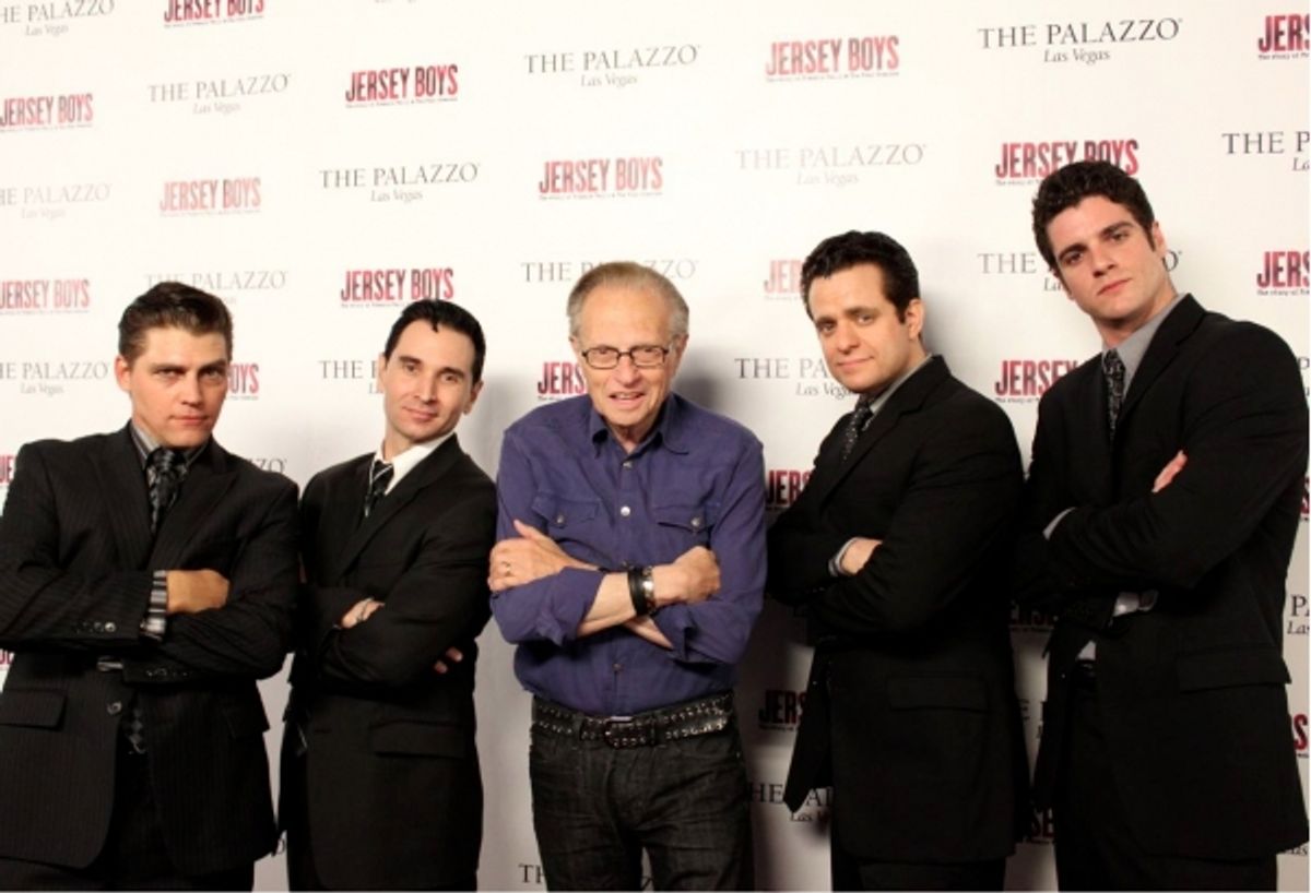 Deven May (Tommy DeVito), Travis Cloer (Frankie Valli), Larry King, Colin Trahan (Nick Massi) and Peter Saide (Bob Gaudio) at 