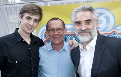 James Leighton and Mark Elliot Wilson surround playwright Timothy Mason Photo