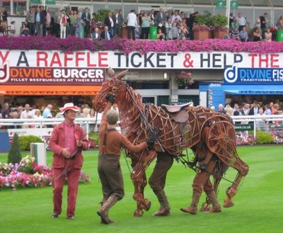 Michael Morpurgo with Joey (puppeteers from l to r - head - David Emmings, Heart - To Photo