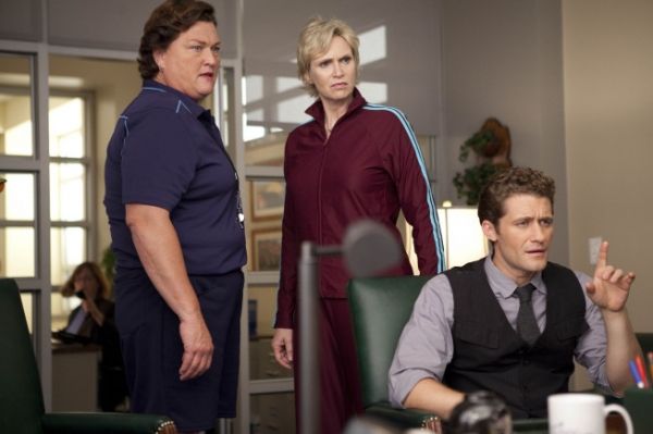 Coach Beiste (guest star Jone Shannon, L), Will (Matthew Morrison, R) and Sue (Jane… Photo