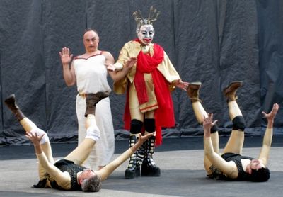 Tony Naumovski and Jaime Carrillo (in mask); (on the ground, left-right): Zorikh Lequ Photo