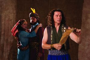 Rebecca Prescott (left) as Daughter of Antiochus, Mark Corkins as Antiochus, and Tim  Photo